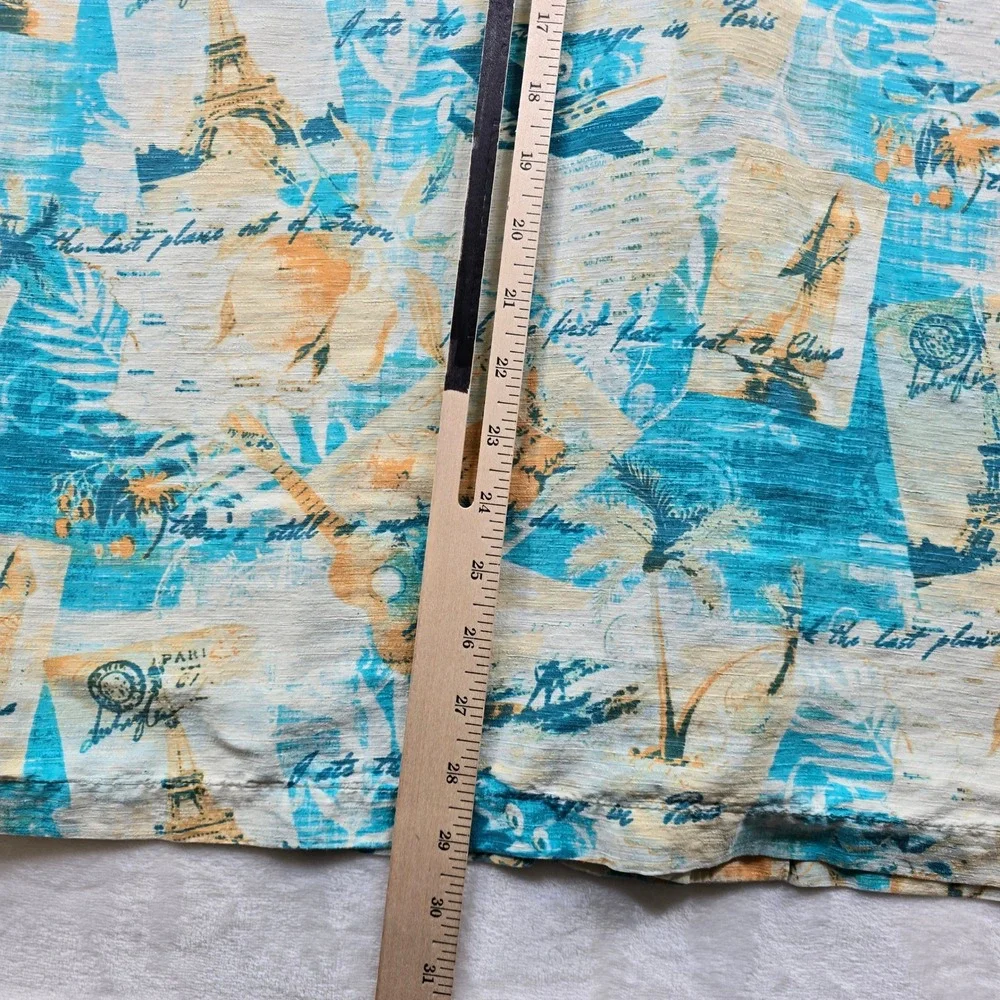 Margaritaville Silk Shirt Mens XL Blue Tropical Travel Eiffel Tower Button‎ Down